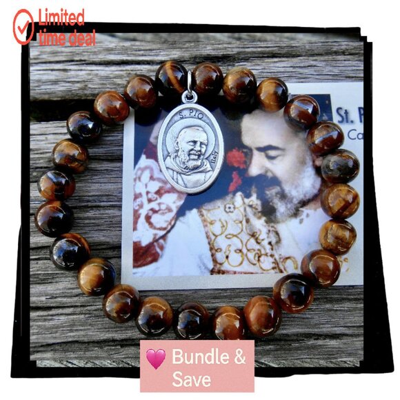 Stretch Tiger Eye Saint Pio Healing Bracelet Size Medium 7 Inch - Picture 1 of 8